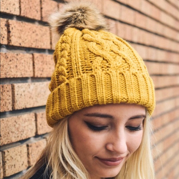 Yellow Pom Pom Vegan Friendly Winter Beanie OS - Picture 5 of 5
